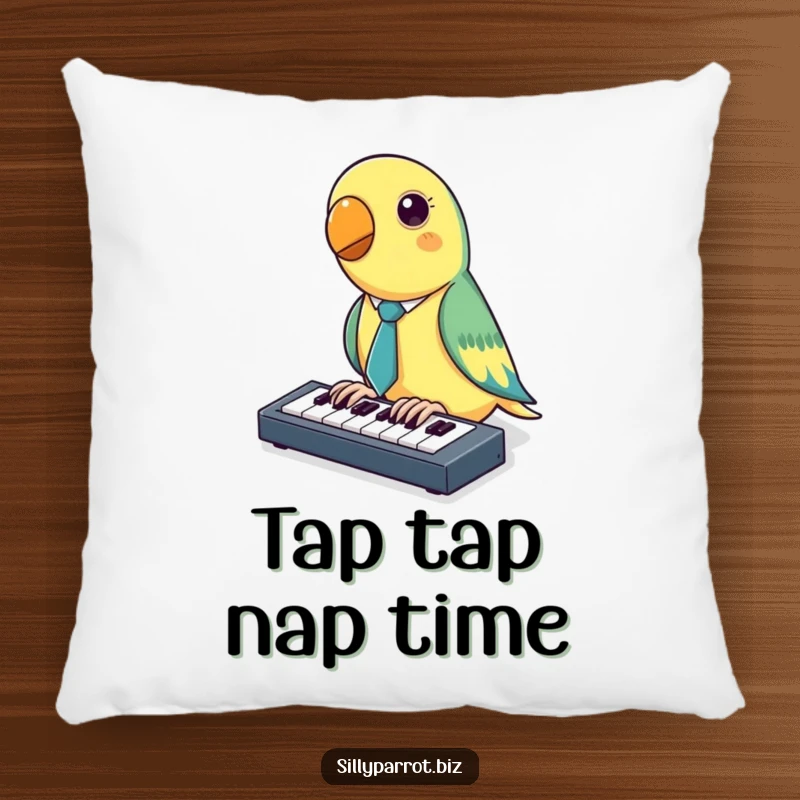 Funny Parrot Pillow featuring a parrot in a tiny tie tapping on a miniature keyboard, providing comfort and playful humor.