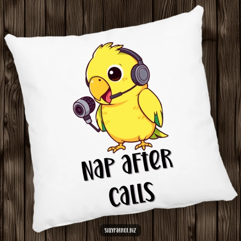Funny pillow showing a silly parrot with a tiny headset, energetically squawking into a small microphone with gusto, perfect for cozy listening.