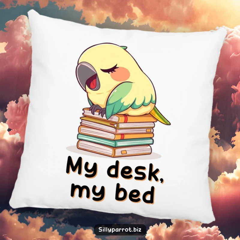 Funny pillow featuring a tired parrot napping on files with a tiny yawn, perfect for a cozy and relaxing ambiance.