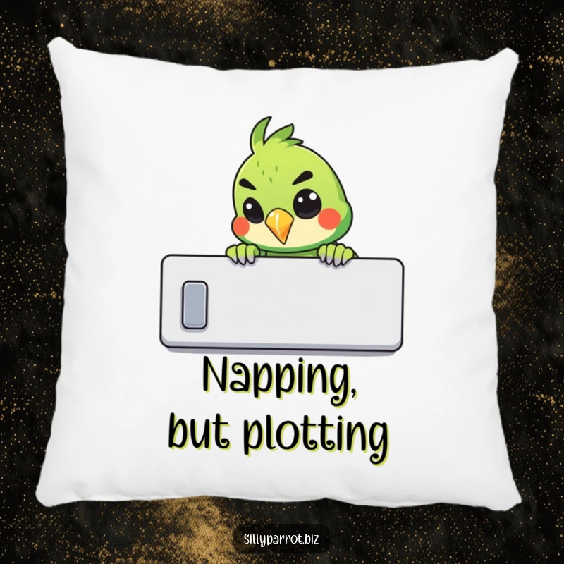Funny pillow featuring a parrot peeking over a cubicle wall with a mischievous grin.