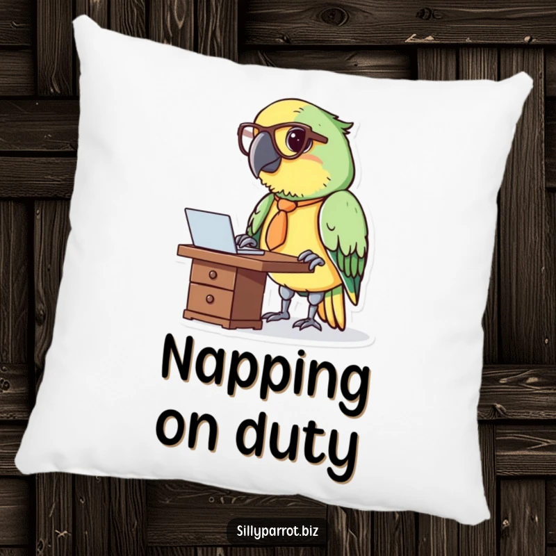 Funny pillow featuring a parrot wearing a tie and glasses, working at a tiny desk.