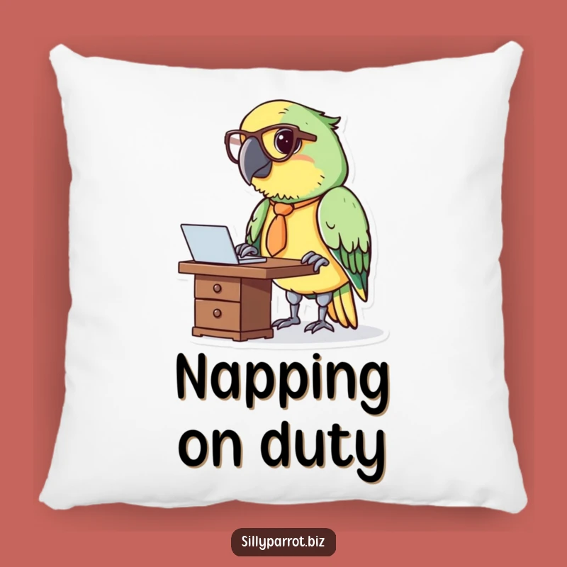 Funny Parrot at Desk Pillow - Cozy & Professional Bird Cushion