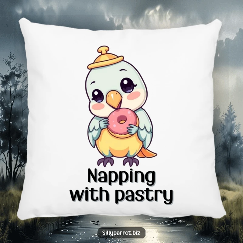 Funny pillow featuring a parrot with a tilted hat, happily enjoying a tiny donut, perfect for cozying up.