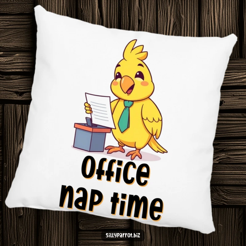 Funny pillow showing a happy parrot in a tiny tie, enthusiastically presenting a document at a small desk, perfect for cozy office breaks.