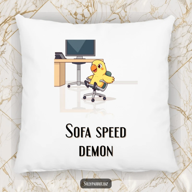 Funny parrot sliding on a rolling chair across an office floor on a soft pillow, bringing comfort and amusement.