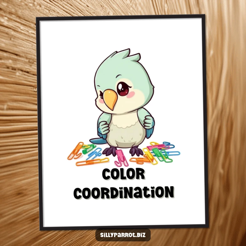 Funny digital art print of a parrot with a sharp focus, meticulously organizing a colorful array of paper clips.
