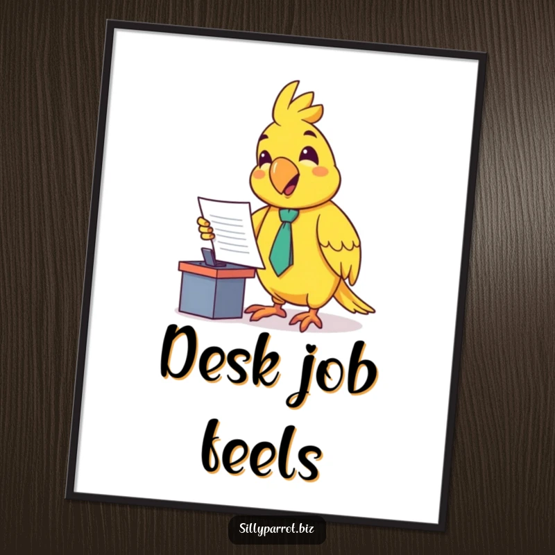 Funny digital art print of a happy parrot in a tiny tie, enthusiastically presenting a document at a small desk, perfect for wall decoration.