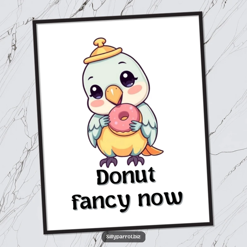 Funny digital art print of a parrot in a tilted hat, joyfully eating a tiny donut, full of sweet charm.