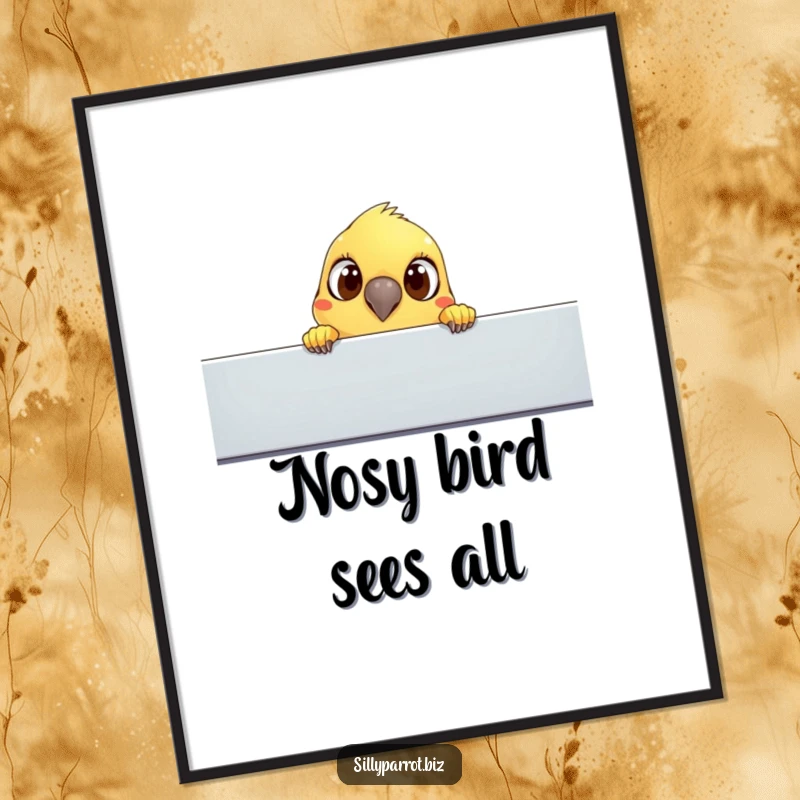 Funny digital art: A parrot with large, curious eyes peeks over a cubicle, creating a whimsical and humorous scene.