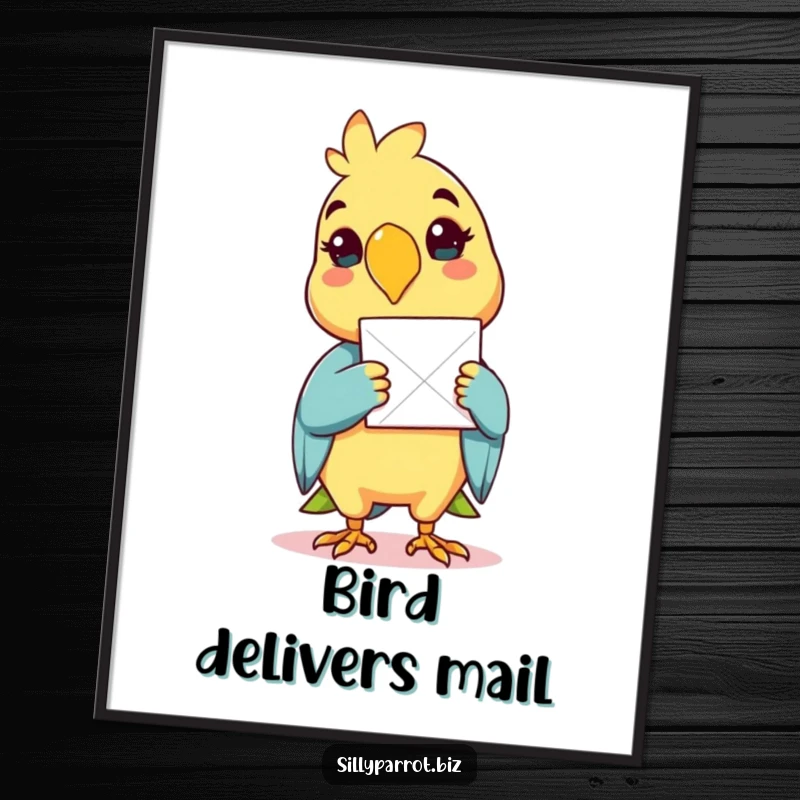 Funny digital art print of a cheerful parrot delivering a single sheet of paper with its beak.