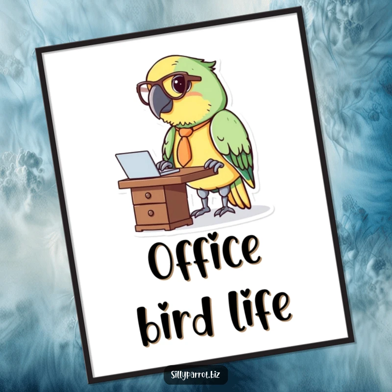 Funny digital art print of a parrot in a tie and glasses, diligently working at a miniature desk.