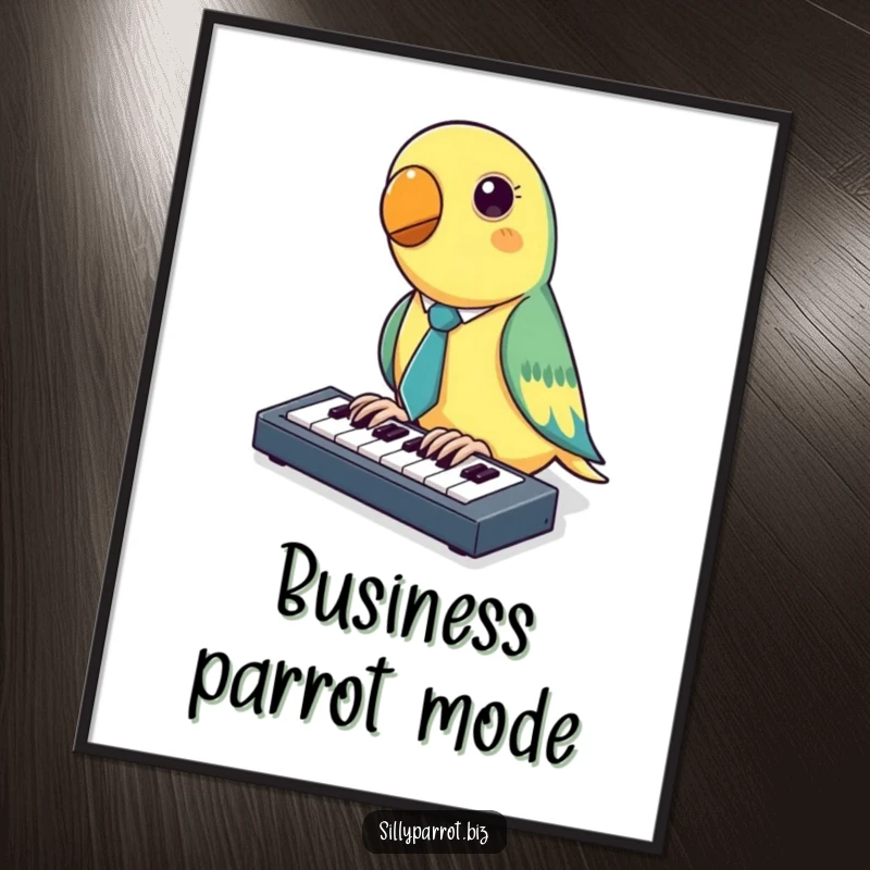 Funny Parrot Digital Art Print of a parrot in a tiny tie tapping on a miniature keyboard, full of focus and playful humor.