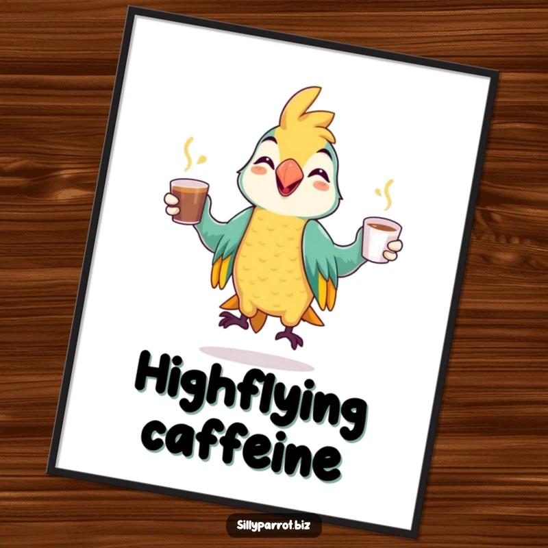 Funny digital art print of a cheerful parrot artistically juggling coffee cups, full of mischievous energy and charm.