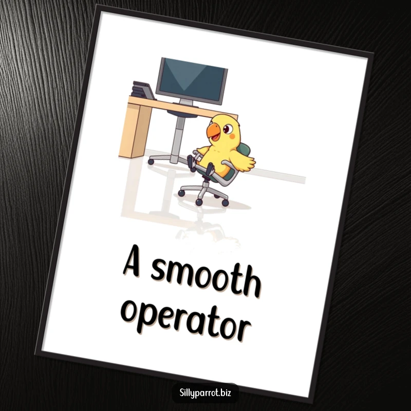Funny parrot comically sliding on a rolling chair across a polished office floor in a humorous digital art print.