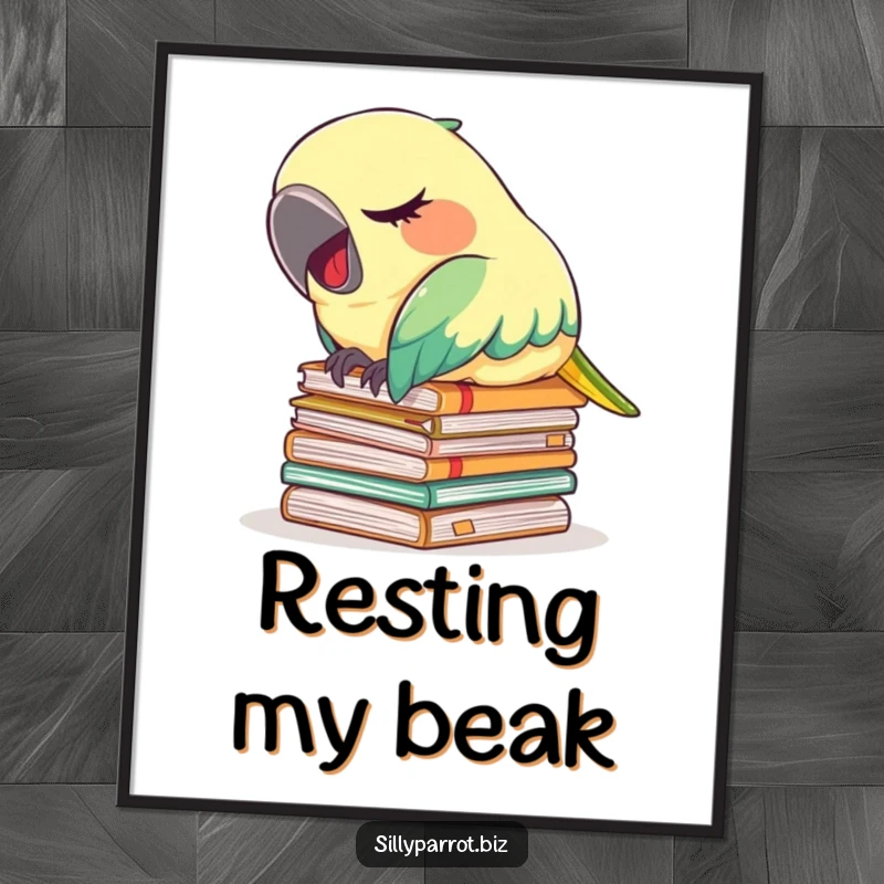 Funny digital art print of a tired parrot napping on files, yawning softly, conveying a sense of peaceful exhaustion.