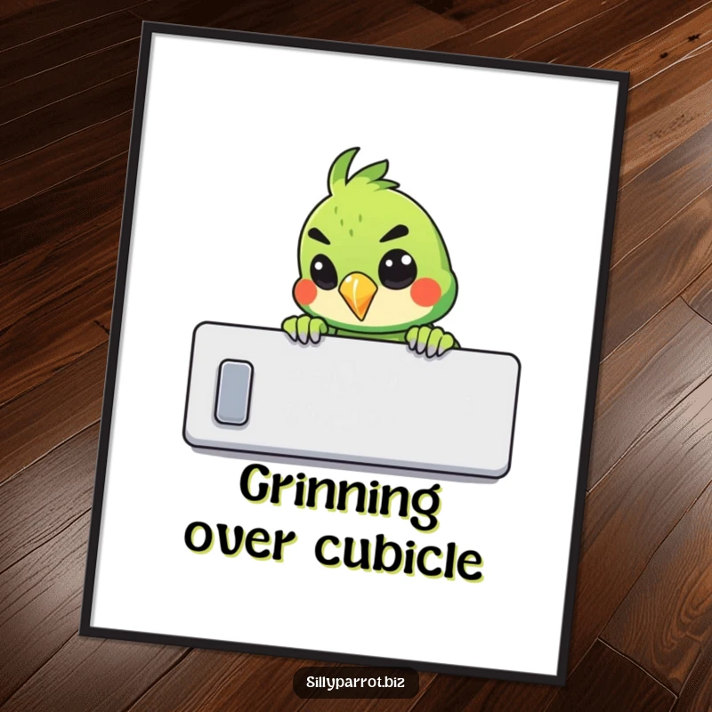 Funny digital art print of a parrot peeking over a cubicle wall with a mischievous grin.