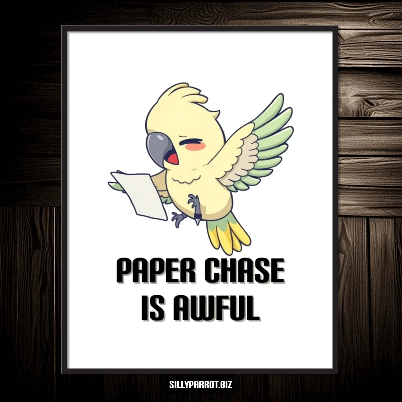 Funny digital art: A parrot in flight with papers, a hilarious depiction of office overload and the search for a pen.