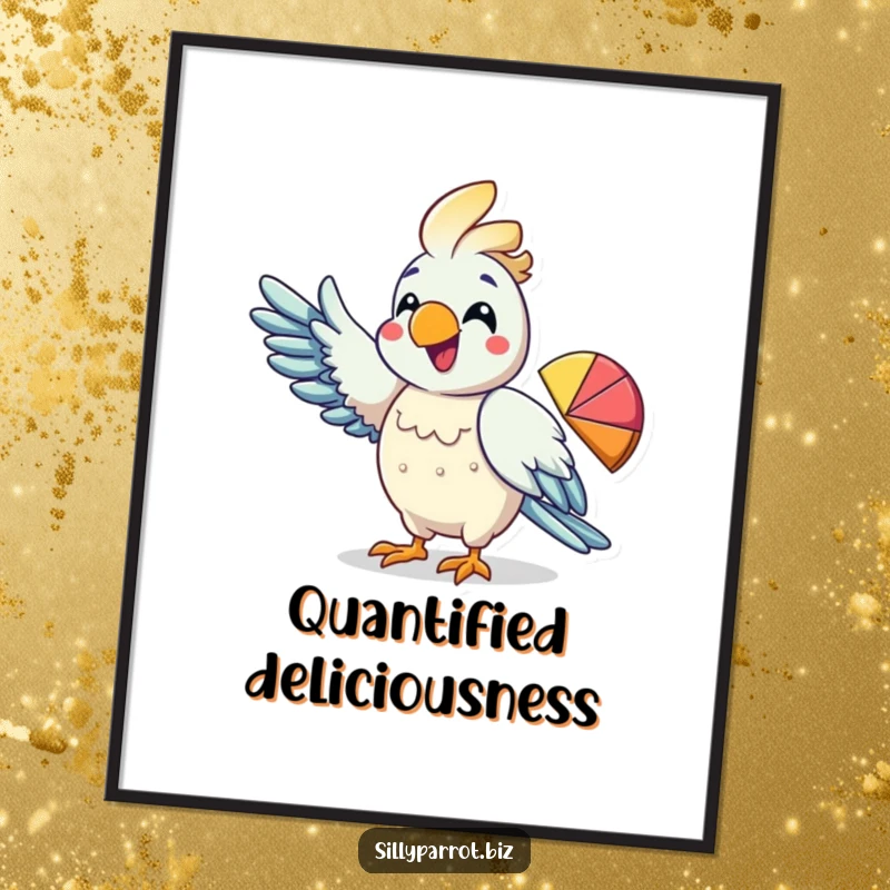 Funny digital art print of a parrot enthusiastically pointing its wing at a colorful pie chart, celebrating data.