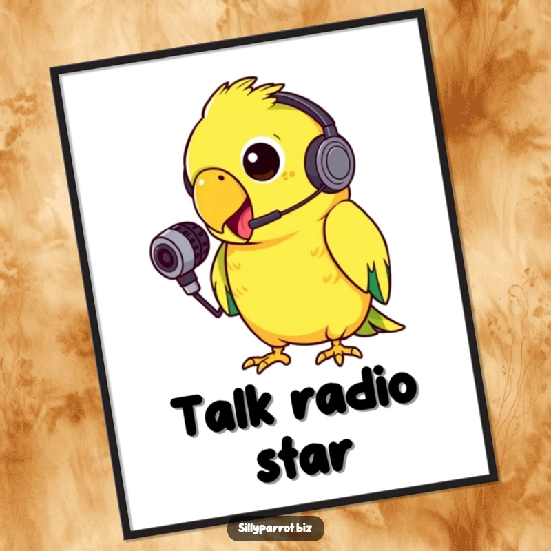 Funny digital art print of a silly parrot wearing a tiny headset, energetically squawking into a small microphone with gusto, perfect for wall decoration.
