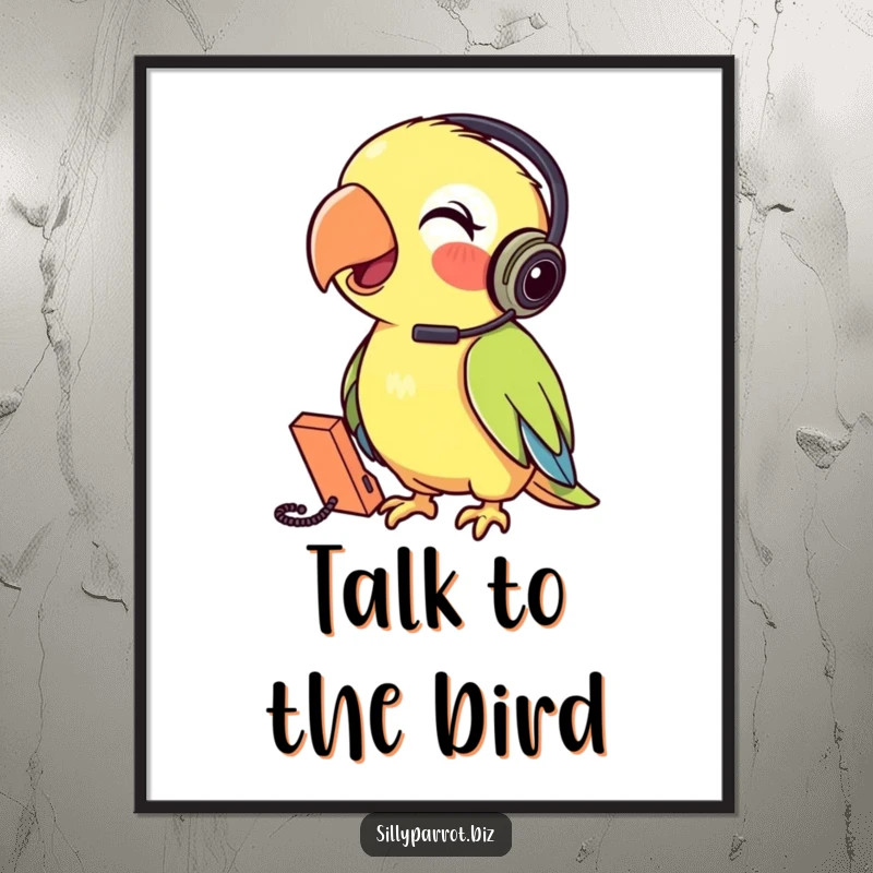 Funny Parrot Digital Art Print of a parrot wearing a headset talking into a tiny phone, full of communication and playful humor.