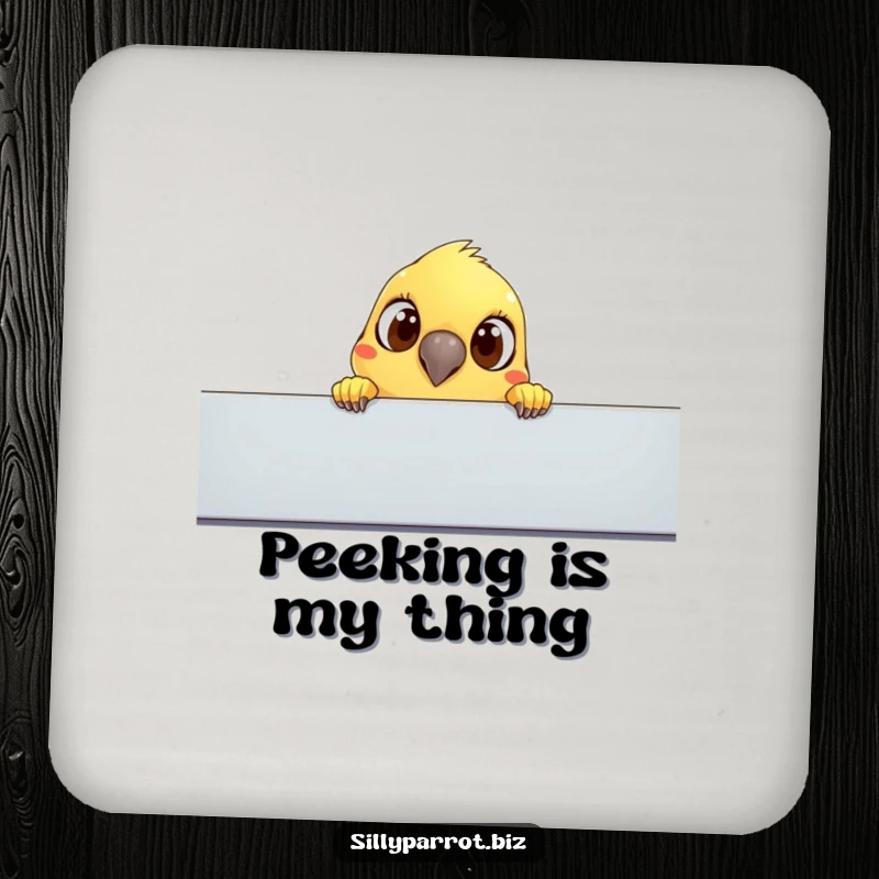 Funny drink coaster: A parrot with wide, curious eyes peeks over a cubicle, a humorous and protective accessory.