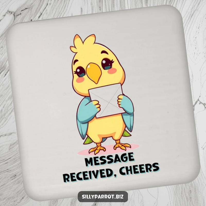 Funny drink coaster of a cheerful parrot delivering a single sheet of paper with its beak.