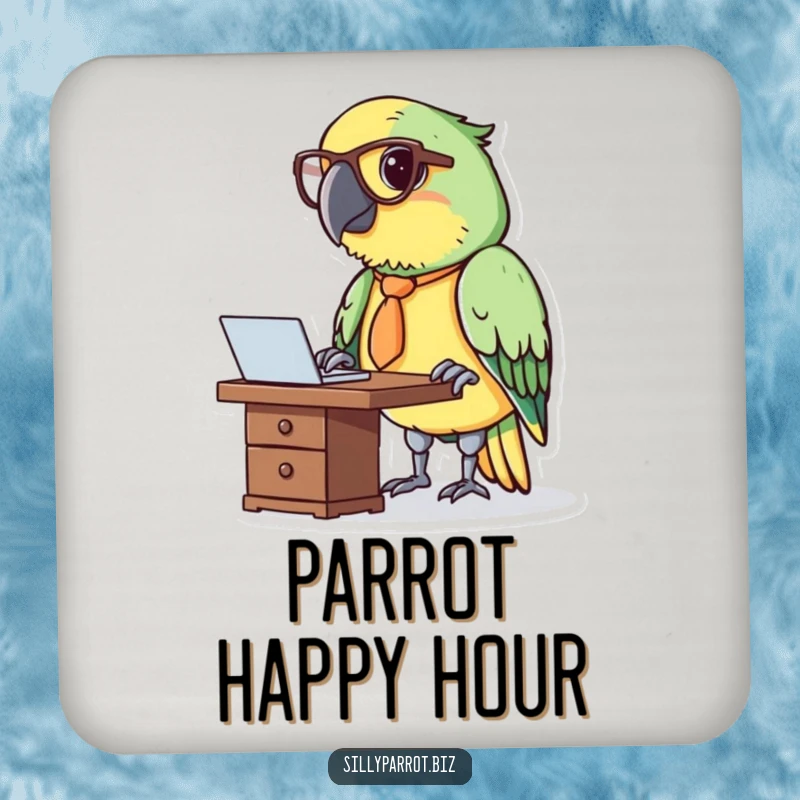 Funny drink coaster showing a parrot in a tie and glasses working at a miniature desk.