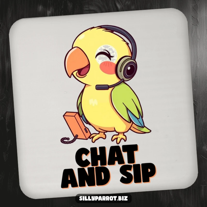 Funny Parrot Coasters featuring a parrot wearing a headset talking into a tiny phone, protecting surfaces with playful humor.