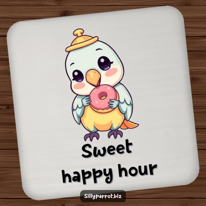 Funny drink coaster featuring a parrot wearing a tilted hat, happily enjoying a tiny donut, protecting surfaces.