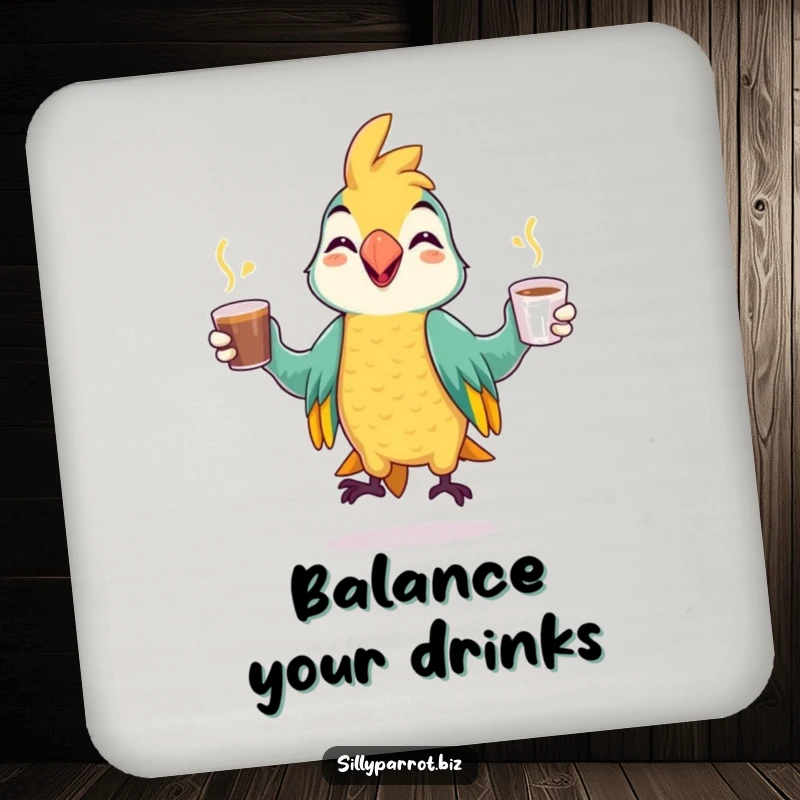 Funny coaster featuring a cheerful parrot juggling coffee cups with a mischievous grin, adding a fun touch to your surfaces.