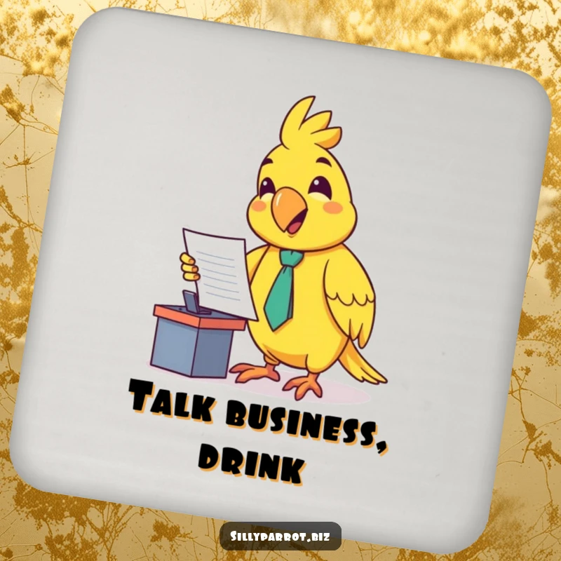 Funny drink coasters featuring a happy parrot in a tiny tie, enthusiastically presenting a document at a small desk, providing desk protection humor.