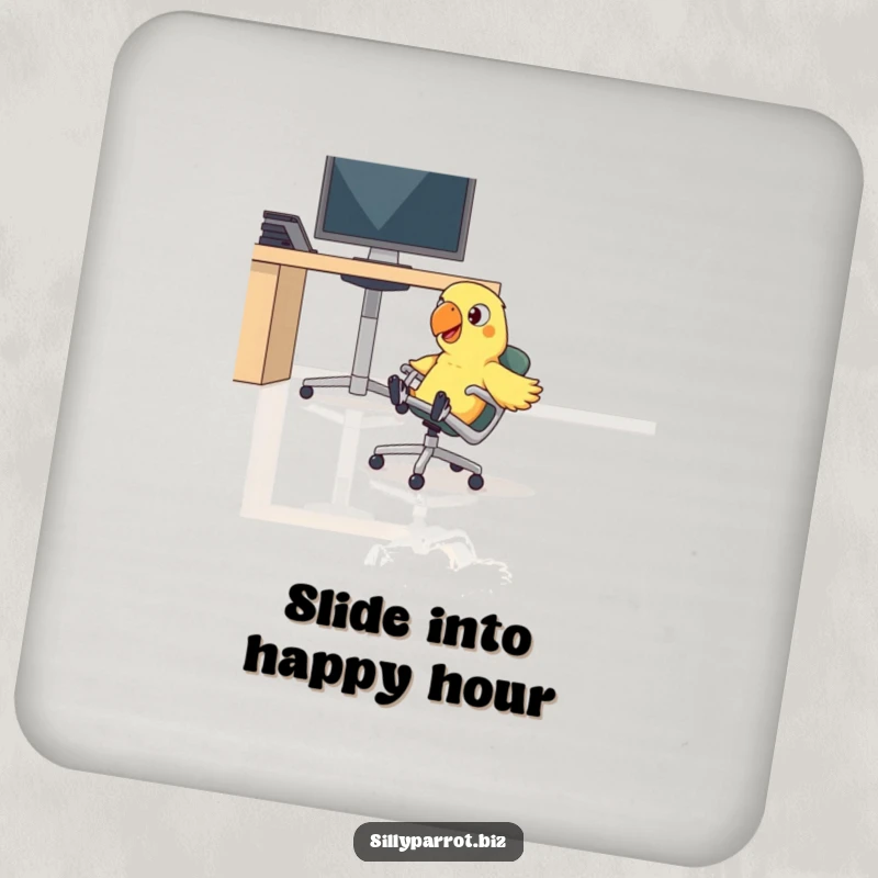 Funny parrot comically sliding on a rolling chair across an office floor on a drink coaster, adding humor.
