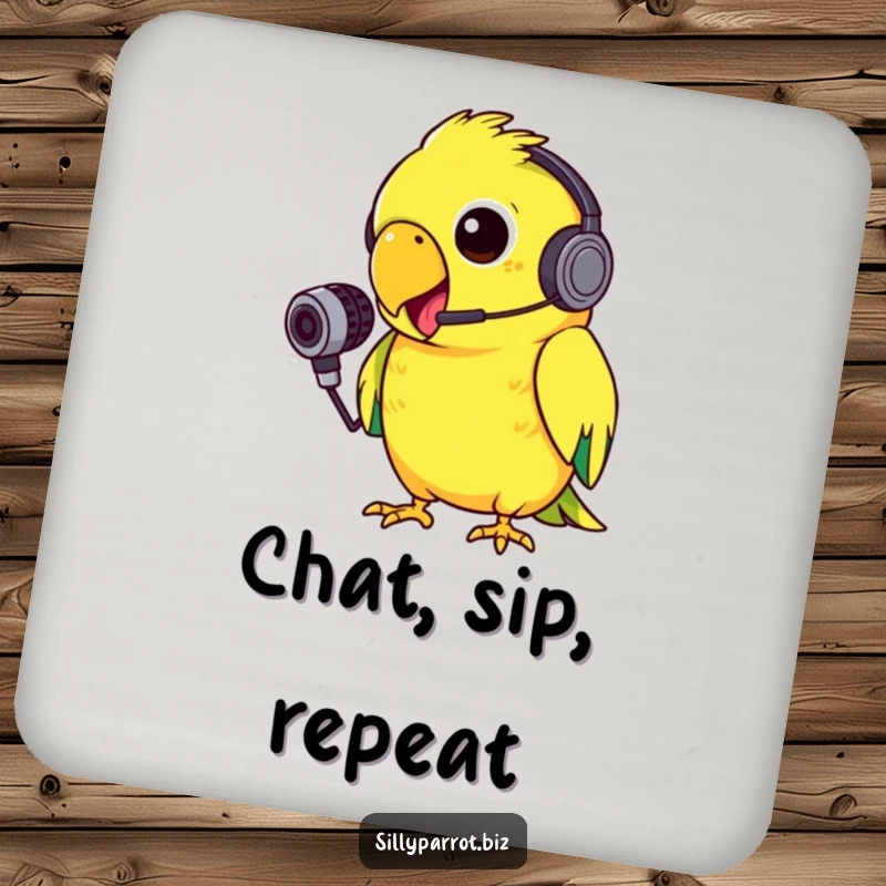 Funny drink coasters featuring a silly parrot with a tiny headset, energetically squawking into a small microphone with gusto, providing surface protection humor.