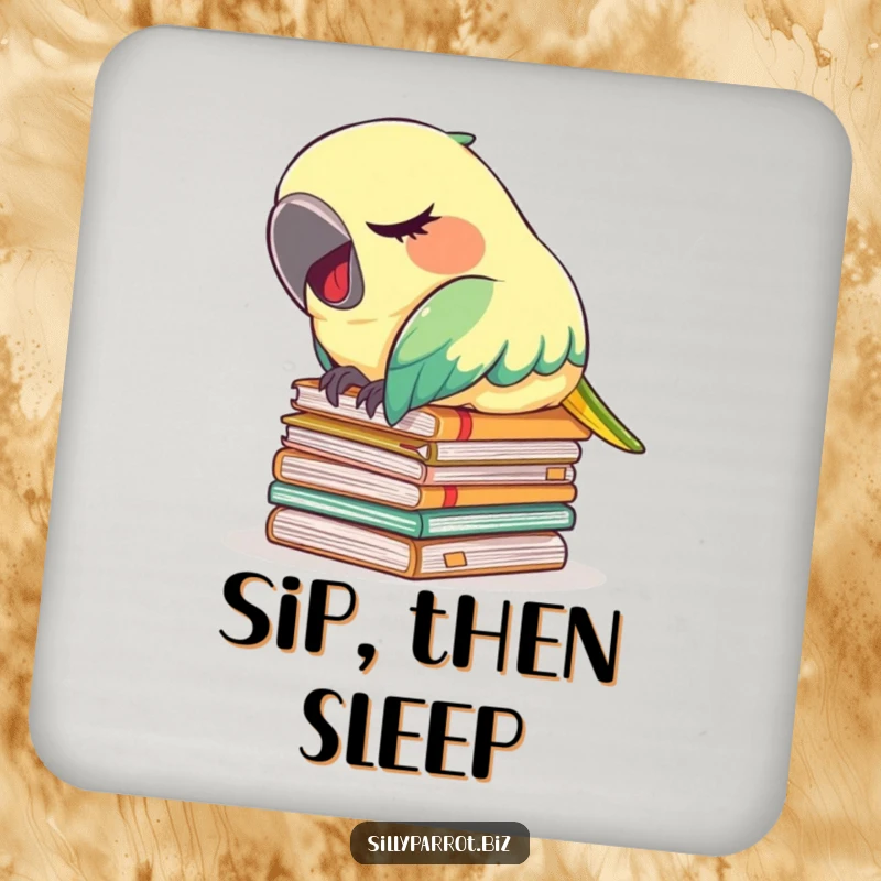 Funny coaster featuring a tired parrot napping on files with a tiny yawn, adding a touch of sleepy humor to your surfaces.