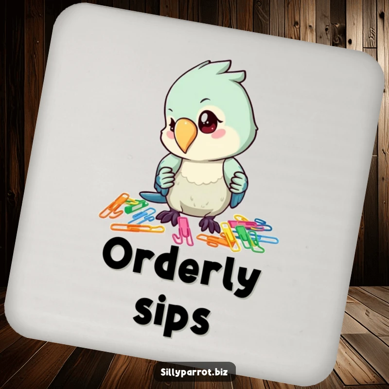 Funny drink coaster showcasing a parrot character intently organizing a collection of colorful paper clips, keeping surfaces safe.