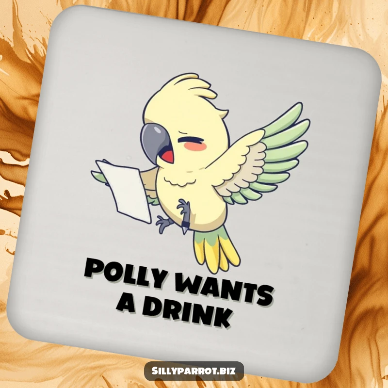 Funny drink coaster: A parrot clutching papers, a humorous illustration of office work and the search for essential tools.