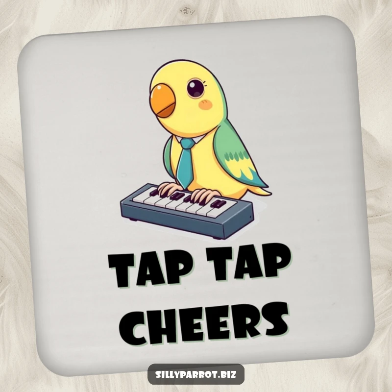 Funny Parrot Coasters featuring a parrot in a tiny tie tapping on a miniature keyboard, protecting surfaces with playful humor.