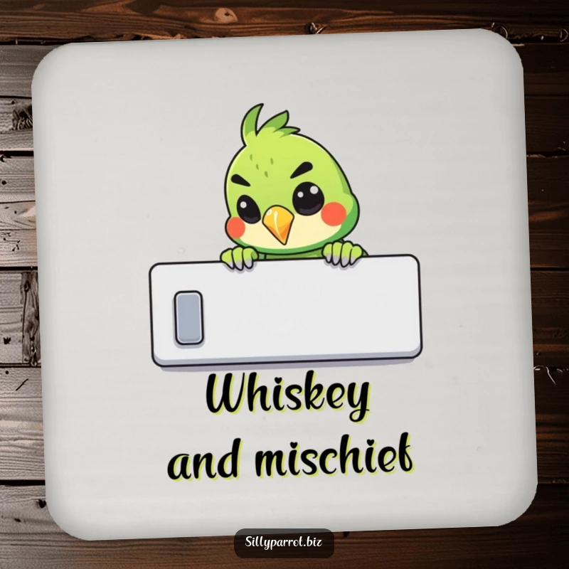 Funny drink coaster of a parrot peeking over a cubicle wall with a mischievous grin.
