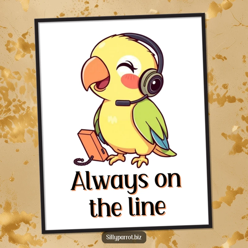 Funny Parrot Poster showcasing a parrot wearing a headset cheerfully talking into a tiny phone, humorous and conversational artwork.