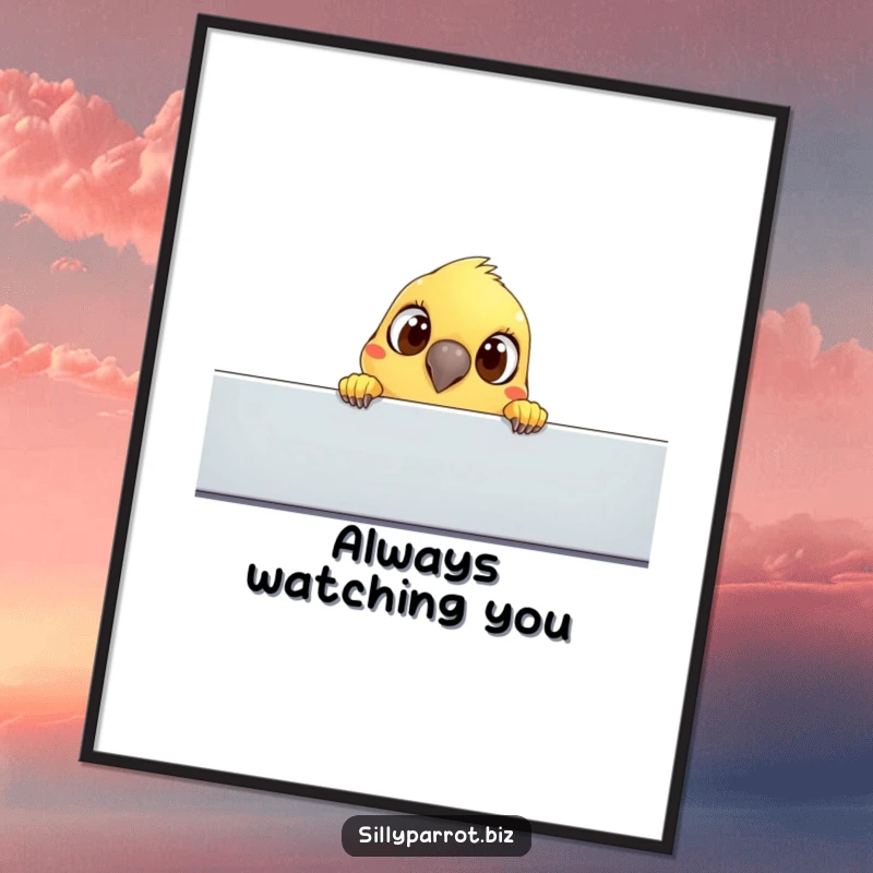 Funny poster: A parrot with wide, inquisitive eyes peeks over a cubicle, creating a whimsical and humorous office scene.