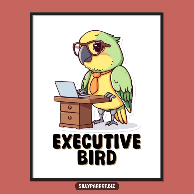 Funny Parrot at Desk Poster - Whimsical Office Wall Art