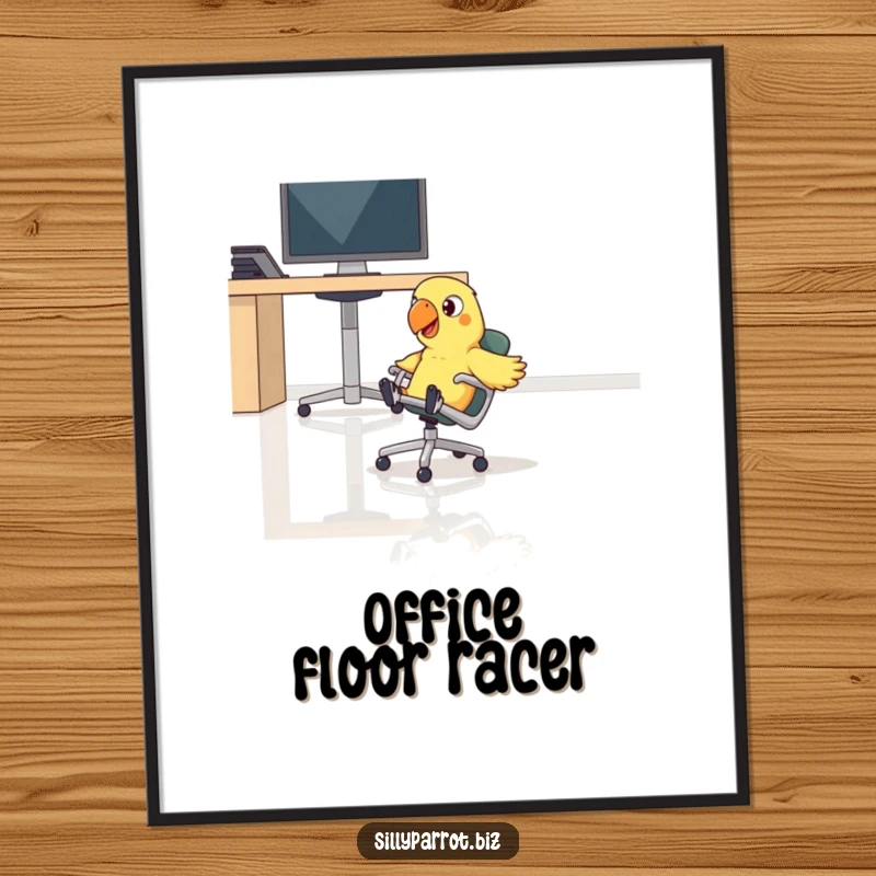 Funny parrot comically sliding on a rolling chair across a polished office floor on this humorous wall art.