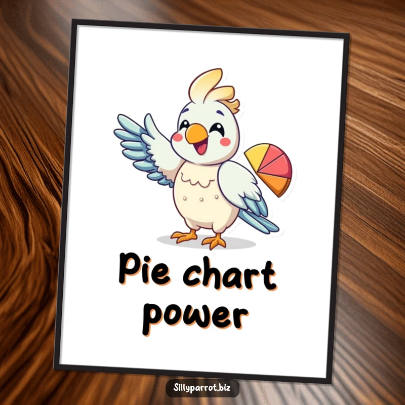 Funny poster of an excited parrot character pointing its wing at a colorful pie chart, celebrating data analysis.