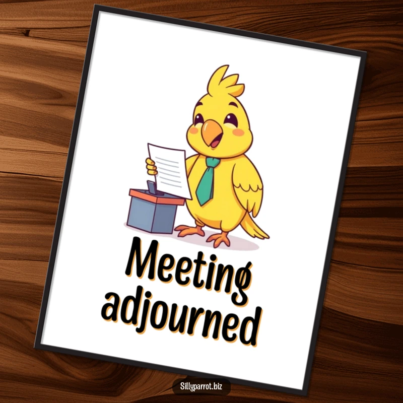Funny poster art of a happy parrot in a tiny tie, enthusiastically presenting a document at a small desk, exuding professional charm.