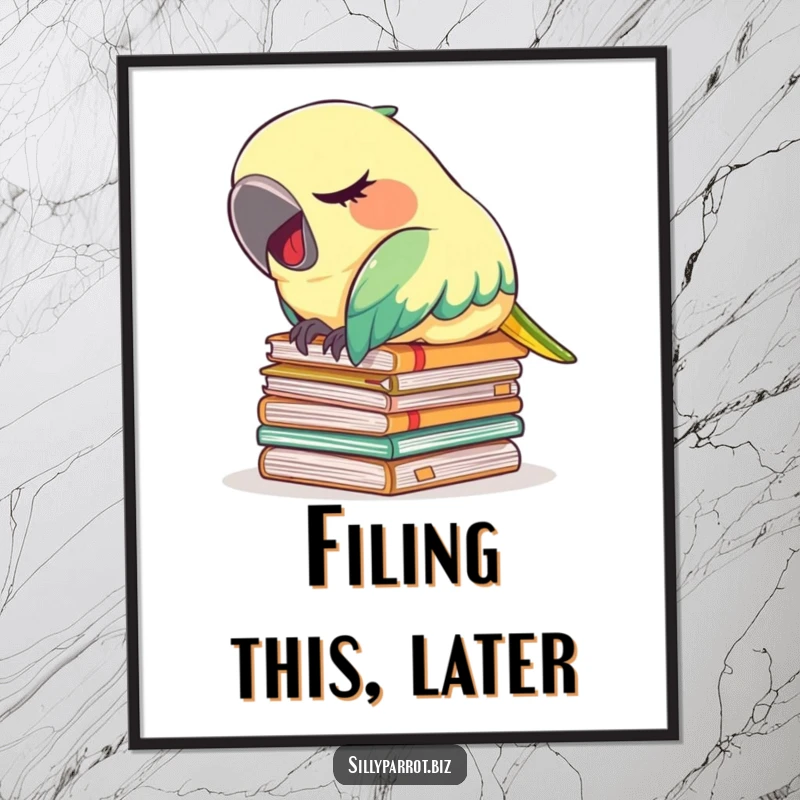 Funny poster of a tired parrot snoozing on a stack of documents, captured mid-yawn, conveying ultimate relaxation.