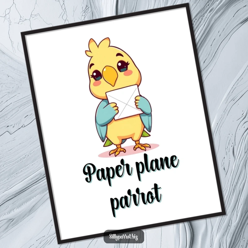 Funny poster of a cheerful parrot carrying a single sheet of paper in its beak.