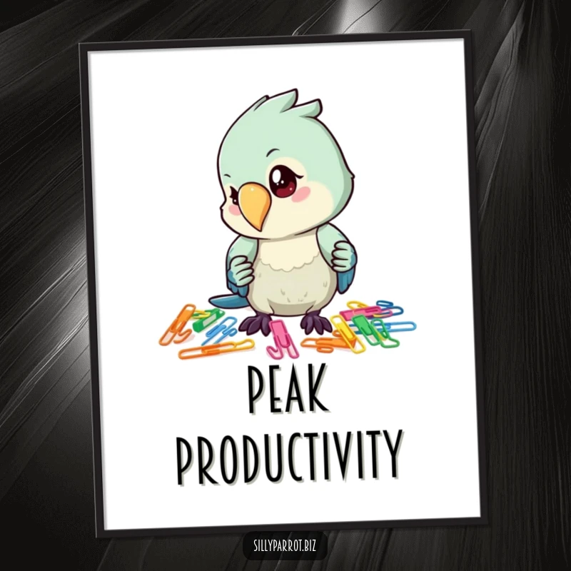 Funny poster of a parrot with a serious expression, meticulously arranging a spectrum of colorful paper clips in neat rows.