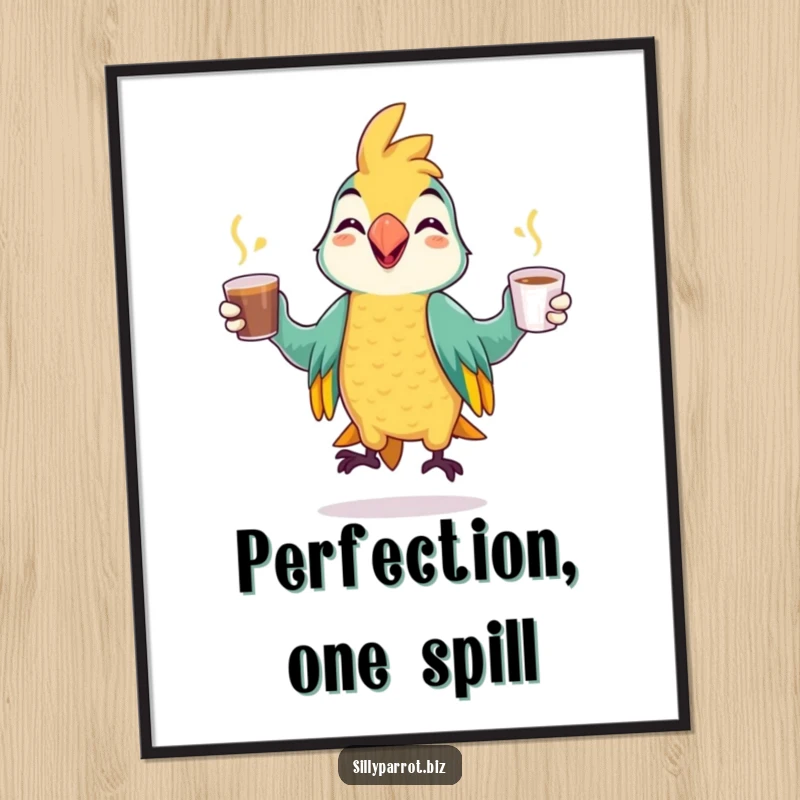 Funny poster of a cheerful parrot artistically juggling coffee cups, showcasing a mischievous grin and impressive dexterity.