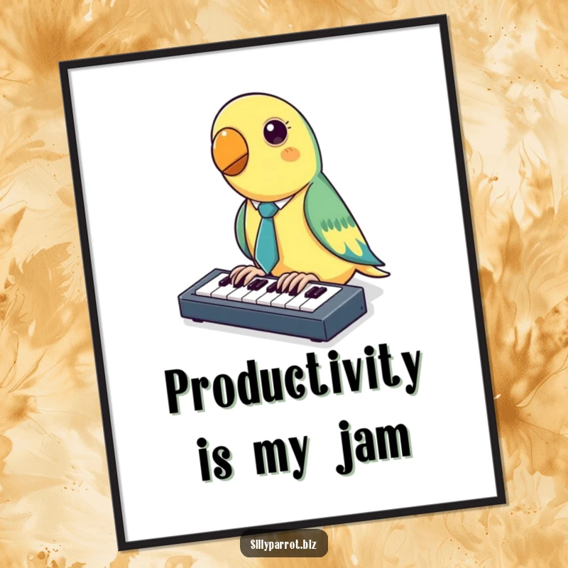Funny Parrot Poster showcasing a parrot in a tiny tie enthusiastically tapping on a miniature keyboard, humorous and professional artwork.
