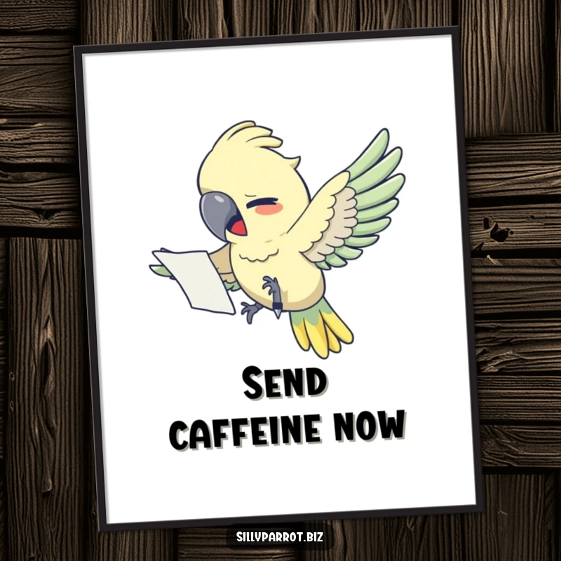 Funny poster: A comical parrot in flight, laden with papers, searching for a pen, capturing the essence of office anxiety.